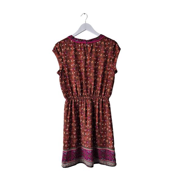 DR2 Dark Cinnamon Vneck Cap Sleeve Elastic Waist Border Print Floral Dress - S - Picture 2 of 13